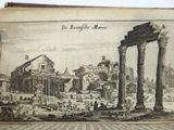 an old book with a drawing of a roman city in the background