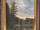 an oil painting of a river scene with a swan in the foreground