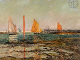 a painting of sailboats on the water near the shore