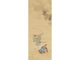 an oriental painting of a man riding a horse with a bird on his back