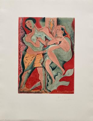 une image représentant un tableau où figurent deux femmes et un homme sur fond rouge
