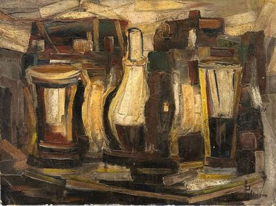 a painting of a group of bottles and jars on a table
