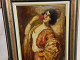 un tableau représentant une femme tenant une fleur devant un chevalet