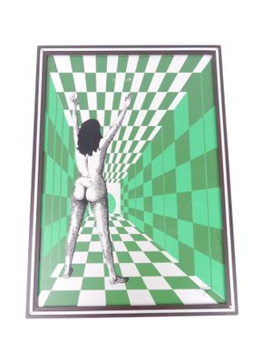 painting of a woman standing in front of a green and white checkered background
