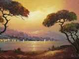 painting of a sunset over a lake with trees and mountains in the background