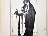 an old book with a drawing of a woman holding a bird