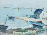 un tableau représentant des bateaux sur l'eau près d'une plage
