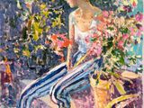 a painting of a woman sitting on a ledge with flowers