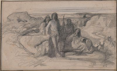 un vieux dessin représentant un groupe de personnes dans un paysage rocheux