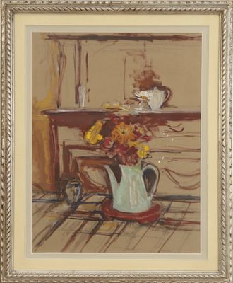 une image d'un tableau représentant un vase de fleurs sur une table