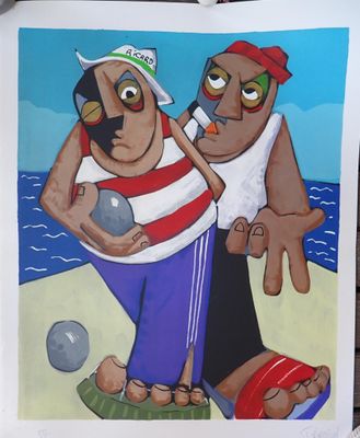 un tableau représentant deux personnes sur une plage avec un ballon