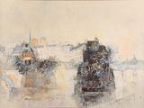 a painting of a train on the tracks by the water