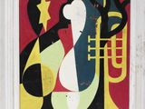 painting of a woman with a trumpet and a star in a white frame