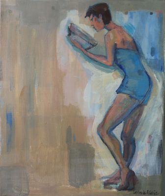 une peinture à l'huile représentant une femme en robe bleue en train de lire un livre