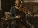 tableau représentant un homme jouant du violon dans une pièce où se trouve un piano