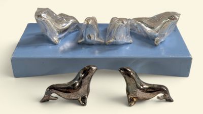two sea lions that are sitting on a blue box