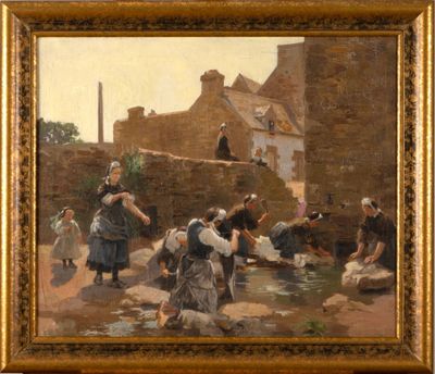 an oil painting of a group of people washing clothes in a river