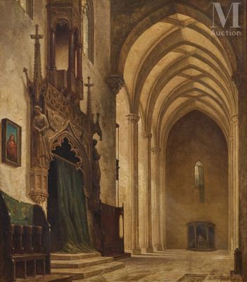an image of a painting of a church with a man sitting on the pews