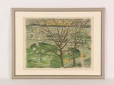 painting of a view of a park with trees and buildings in the background