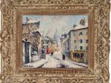 an oil painting of a street scene with buildings and a red bus