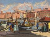 a painting of a group of people standing near a harbor