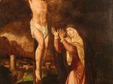 a painting of jesus on the cross with a woman kneeling next to him
