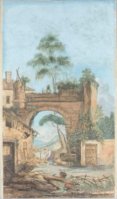 une image d'une peinture représentant un pont sur une rivière