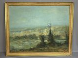 an oil painting of a landscape with trees in the foreground