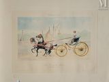 a drawing of a man riding a horse drawn carriage