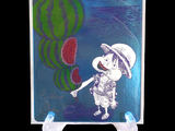 a picture of a painting of a child holding a flower