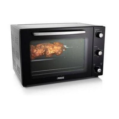 a black toaster oven with a roasting pan inside of it