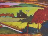 an image of a painting of a landscape with a river in the foreground and hills in the background