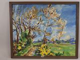 an oil painting of a landscape with trees and yellow flowers