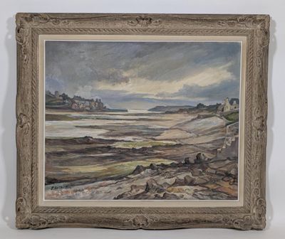 une image représentant un tableau représentant une scène de plage, dans un cadre doré