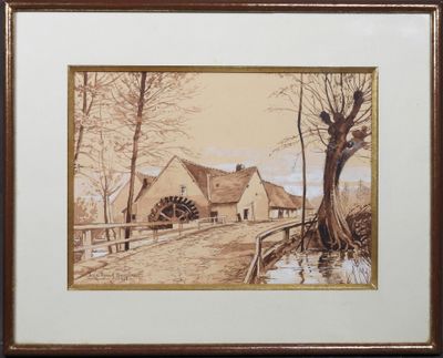 tableau représentant une roue à eau dans un décor champêtre avec des arbres