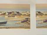 two pictures of boats in the water on the beach