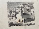 a drawing of a village with a horse in the foreground
