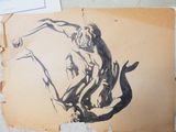 le dessin d'un homme tenant un poisson sur une feuille de papier