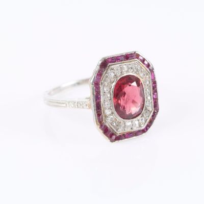a pink tourmaline and diamond ring set in 18k white gold