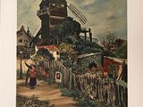 a painting of a windmill on the side of the road