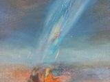 une peinture à l'huile représentant un ciel bleu et orange au-dessus d'une étendue d'eau