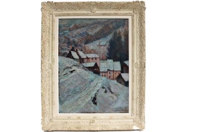 une image représentant un tableau d'un village enneigé dans les montagnes