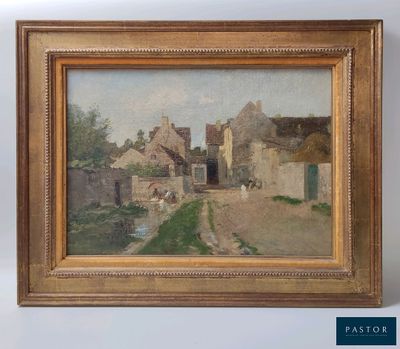 une image représentant un tableau d'une rue de village avec une calèche