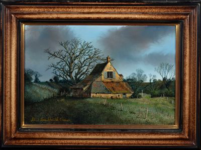 une peinture à l'huile représentant une maison dans un champ, avec un arbre en arrière-plan