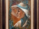 painting of a woman in a white hat and blue dress