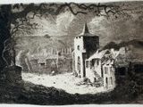 a black and white drawing of a street with a church in the background