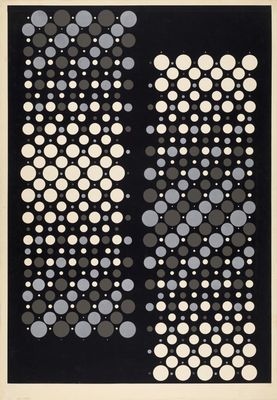 une peinture en noir et blanc représentant des cercles sur fond noir
