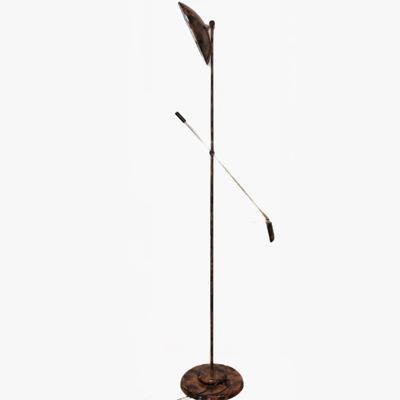 a metal floor lamp with a wooden base and a feather on top