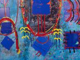 abstract painting of blue, red, and yellow shapes on a blue background