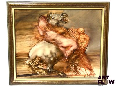 a painting of a woman riding a horse with a dog